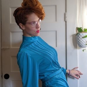 Early 80s Cerulean Blue Day Dress with High Neck Collar & Shoulder Buttons